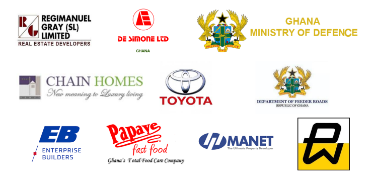 Our trusted clients including Regimanuel Gray, De Simone Ltd, Ghana Ministry of Defence, Chain Homes, Toyota, Department of Feeder Roads, Enterprise Builders, Papaye Fast Food, Manet, and more